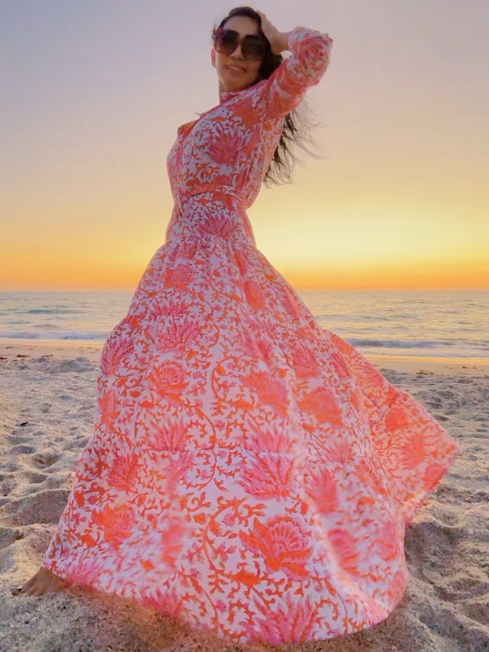 Pink Floral Tiered Maxi Dress with Collared Neck